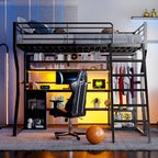Lit mezzanine double en métal pour gamer avec espace de travail intégré, armoire ouverte, éclairage LED et rangements, noir