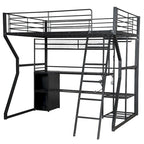Lit mezzanine double en métal pour gamer avec espace de travail intégré, armoire ouverte, éclairage LED et rangements, noir