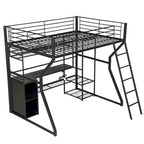 Lit mezzanine double en métal pour gamer avec espace de travail intégré, armoire ouverte, éclairage LED et rangements, noir
