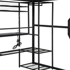 Lit mezzanine double en métal pour gamer avec espace de travail intégré, armoire ouverte, éclairage LED et rangements, noir