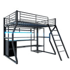 Lit mezzanine double en métal pour gamer avec espace de travail intégré, armoire ouverte, éclairage LED et rangements, noir