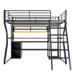 Lit mezzanine double en métal pour gamer avec espace de travail intégré, armoire ouverte, éclairage LED et rangements, noir