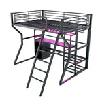 Lit mezzanine double en métal pour gamer avec espace de travail intégré, armoire ouverte, éclairage LED et rangements, noir