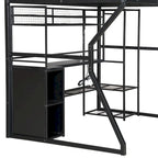 Lit mezzanine double en métal pour gamer avec espace de travail intégré, armoire ouverte, éclairage LED et rangements, noir
