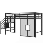 Letto rialzato basso singolo con scala contenitore e rete in ferro, struttura letto rialzato in metallo con ripiani portaoggetti e sponde di sicurezza