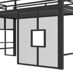 Letto rialzato basso singolo con scala contenitore e rete in ferro, struttura letto rialzato in metallo con ripiani portaoggetti e sponde di sicurezza