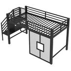 Letto rialzato basso singolo con scala contenitore e rete in ferro, struttura letto rialzato in metallo con ripiani portaoggetti e sponde di sicurezza