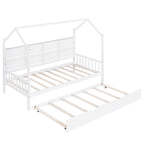 Letto a casetta bianco in legno di pino per bambini con letto estraibile, ripiano e tetto